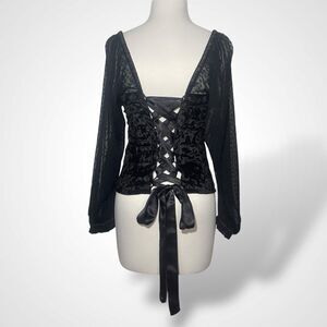 Anthropologie Porridge Velvet Lace Tie-Back Corset Blouse Size M Sheer Sleeves